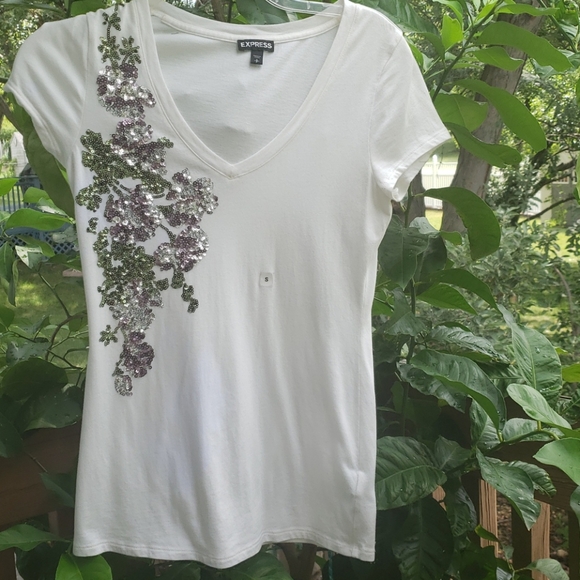 Express Tops - Express Sequin White Tee
